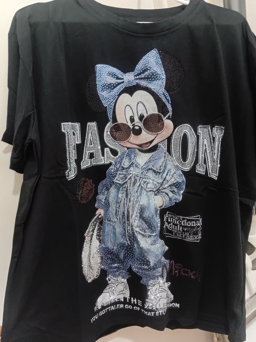 Black Minnie Graphic Tee with Denim-Style Print